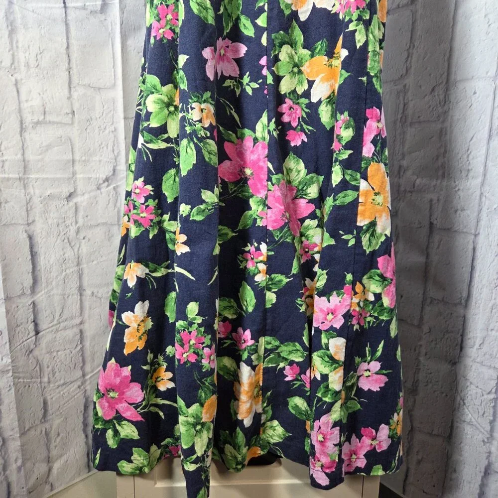 Old Navy Extra Large Navy Blue Floral Linen Blend Smocked Cottagecore Midi Dress - Picture 3 of 10